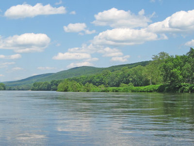 Delaware River looking upstream along the Pa. side of Tocks Island in the Delaware Water Gap National Recreation Area, May 2009 (Tocks Island is on the right). Photo courtesy of Laura Tessieri, DRBC.